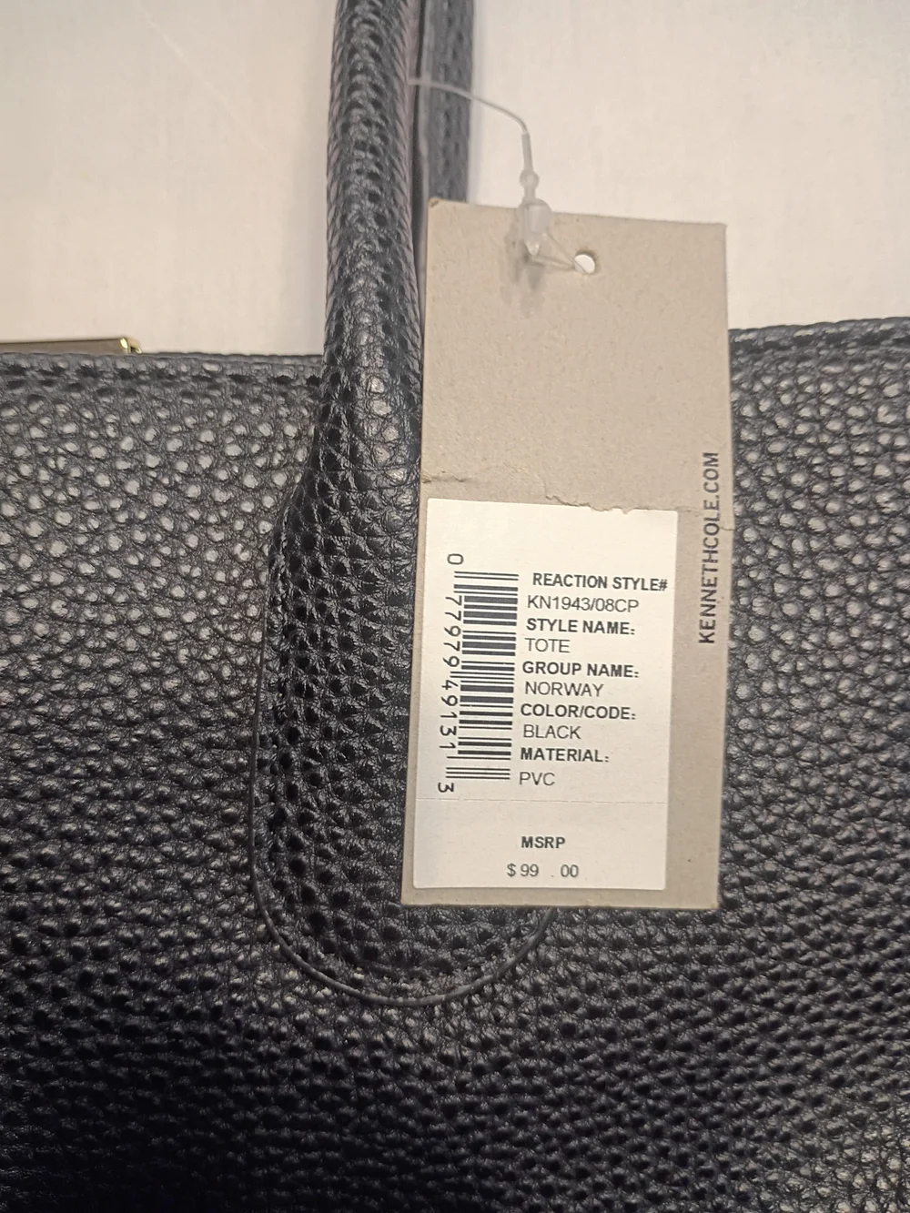 #3017 NWT Kenneth Cole Reaction Black Pebbled Leather Tote